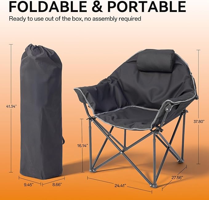 Oversized Heated Camping Chairs, Camp Chair for Adults with Back and Seat Heating, Portable Folding Chair with Pillow & Carry Bag for Outdoor Sports, Support 500lbs, Battery NOT Included
