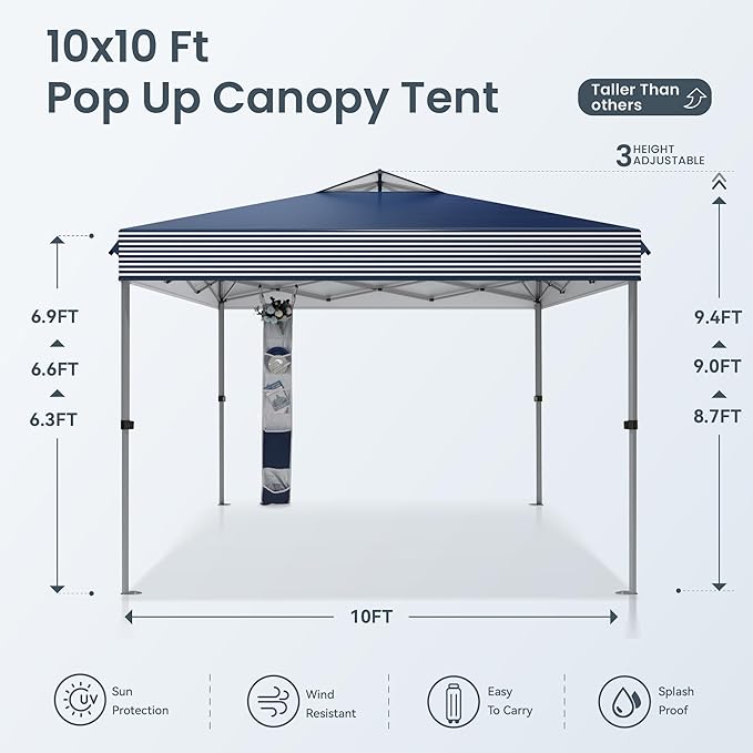 PHI VILLA 10’x10’ Pop Up Canopy Tent - One Push Setup, Instant Shade Tent with Vented Roof for Beach & Events - Includes Storage Bag, Sandbags, Stakes & Ropes (Navy Stripe)