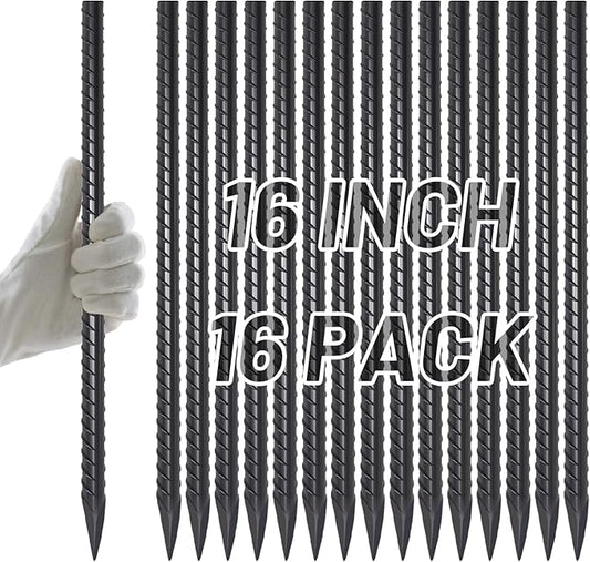 AAGUT 16 Inch Rebar Stakes Heavy Duty 16 Pack 3/8" Diameter Landscape Timber Spikes, Straight Stakes with Chisel Point End, Ground Anchors for Camping Tent, Garden Plant Support, Concrete, Black