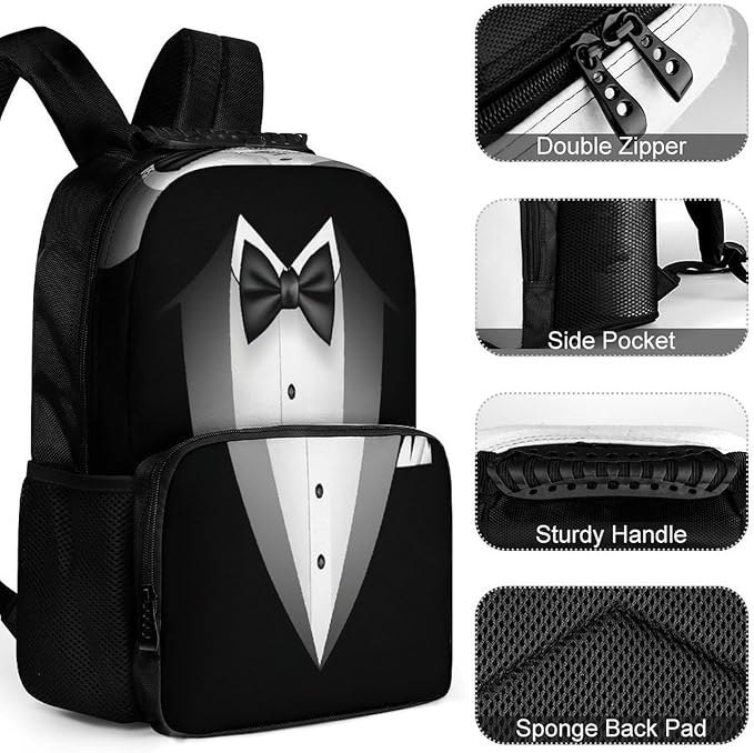 Men Women Polyester Black Tuxedo Casual Daypack Large Capacity Carry On Bag With Adjustable Shoulder Straps for Camping Work Running