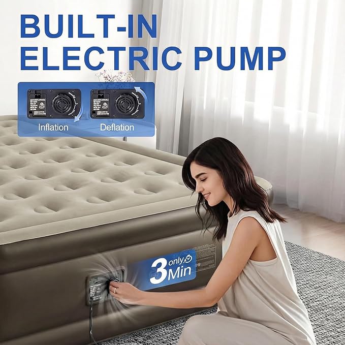 Queen Air Mattress with Built in Pump,18" Raised Blow up Air Bed,3 Mins Quick Self-Inflation/Deflation, Inflatable Mattress for Camping/Home/Guests/Travel (Brown)