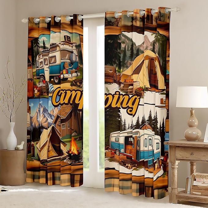 jejeloiu Rustic Cabin Camper Pattern Blackout Curtains 30%-50% Camping RV Darkening Drapes for Bedroom Living Room Campfire Tent Thermal Insulated Shades Outdoor Camping, 2 Panels 42 x 63 Inch