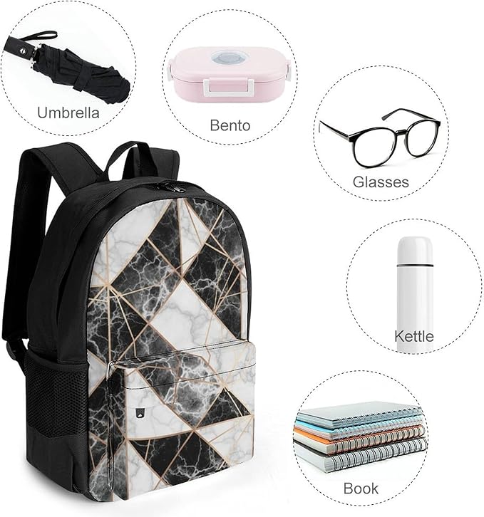 Men Women Polyester Rose Gold Glitter Marble Geometric Triangle Daypack Big Capacity Shoulder Bag With Adjustable Shoulder Straps for Camping Travel Walking Cycling