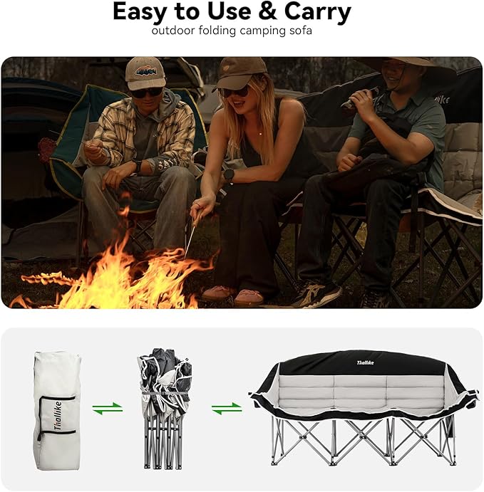 Double Camping Chair – 2-3 Person Outdoor Folding Sofa with Cup & Wine Glass Holders – Oversized Loveseat Camping Couch for Campfire, RV, Backyard – Supports Up to 660 lbs