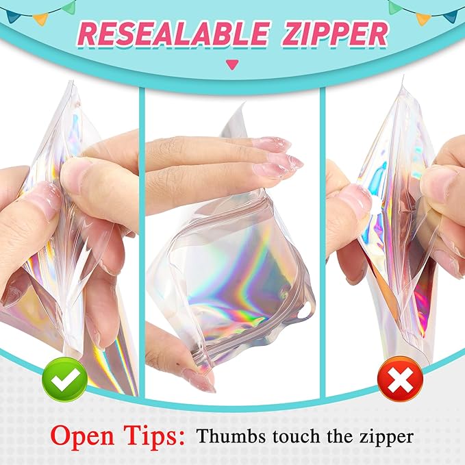 Funfery 300 Pack Smell Proof Resealable Bags for Food Storage,Holographic Bags 4x6 Mylar Clear Packaging Bag- Scent Proof for Cookies, Zip Foil Pouch for Small Business