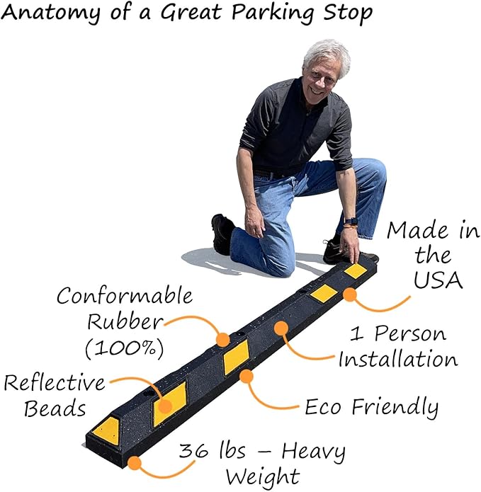 SmartSign Rubber Parking Curb, (Pack of 10) Heavy Duty Parking Stops with Yellow Reflective Stripe Chevrons, 72" Long (6ft), Wheel Stops for Parking Lots/Garage/Cars/Trucks, Pre-Drilled Holes