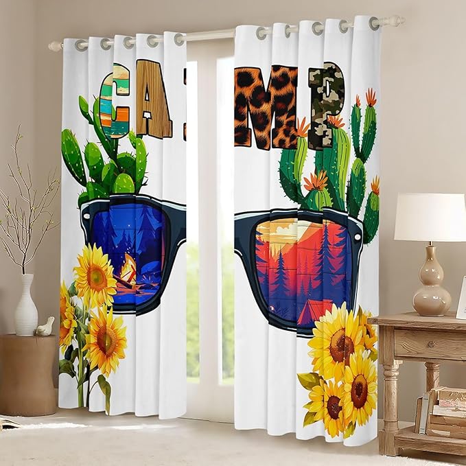 Erosebridal Happy Camping Blackout Curtains for Bedroom Living Room Camp Tent Adventure Window Curtains 2 Panels 38" Wx54 L Animal Fur Print Camouflage Drapes,Tropical Cactus Window Treatments