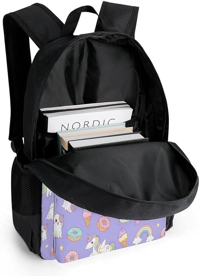 Daypack Backpack Polyester Anti-Theft Multipurpose Purple Donuts Unicorns Bookbag Big Capacity Travel Hiking Camping Rucksack With Smooth Zippers
