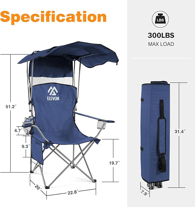 Elevon Camping Chair, Oversized Folding Chair with Canopy, Portable Outdoor Chair with Arms, Cup Holder and Carry Bag for Camping, Fishing, Beach, and Sports, Indigo