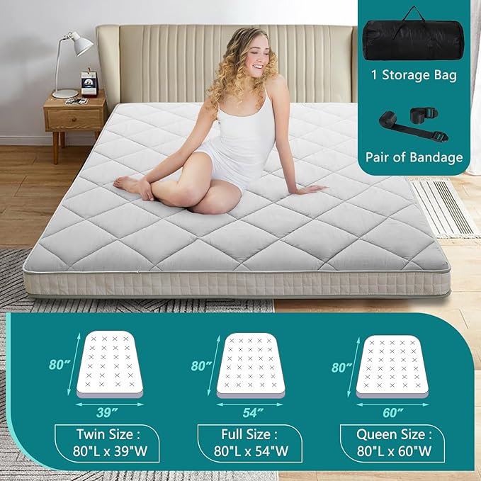 SUNYRISY Japanese Floor Futon Mattress, Thicken Roll up Tatami Mat, Foldable Mattress Topper Sleeping Pad Lounger Guest Bed for Camping Couch, Twin Full Queen