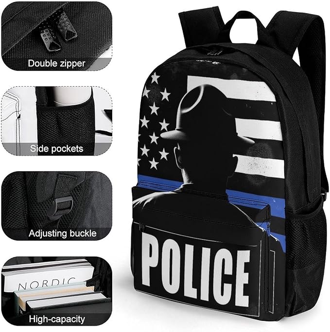 Supdreamc Rucksacks Multipurpose Anti-Theft Big Capacity Bookbag, America Thin Blue Line Flag Police Travel Hiking Camping Rucksack With Padded Straps