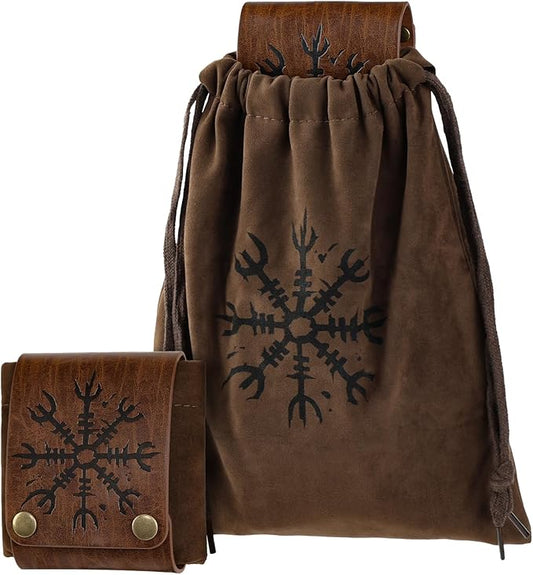 HiiFeuer Medieval Embossed Foraging Bag Belt Pouch, Portable Collapsible Bag Hiking Pouch for Ren Faire (Brown A)