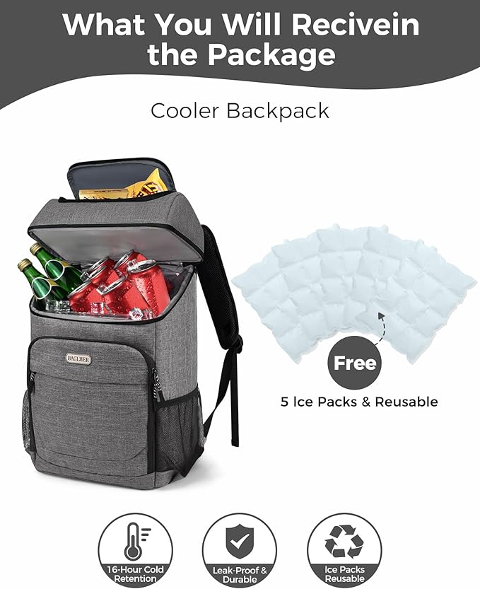 BAGLHER Lightweight Insulated Cooler Backpack - 30 Cans, Leak-Proof for Lunch, Picnic, Hiking, Camping Trips
