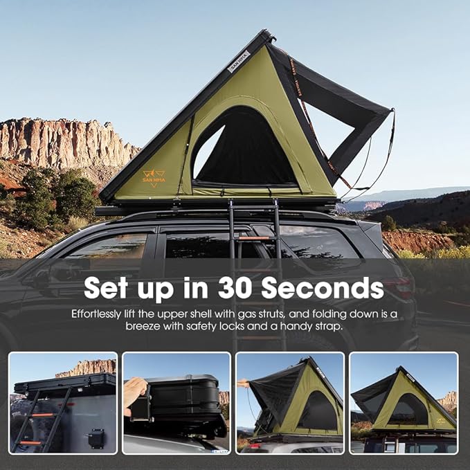 Sanhima Rooftop Tent Hard Shell - Hotham Lite Overland Aluminium Roof Top Tent 4.56" Slimline, w/Tri-Color LED Strip Light & 1.97” Thick Mattress, for Car SUV Truck Camping, 2-3 People