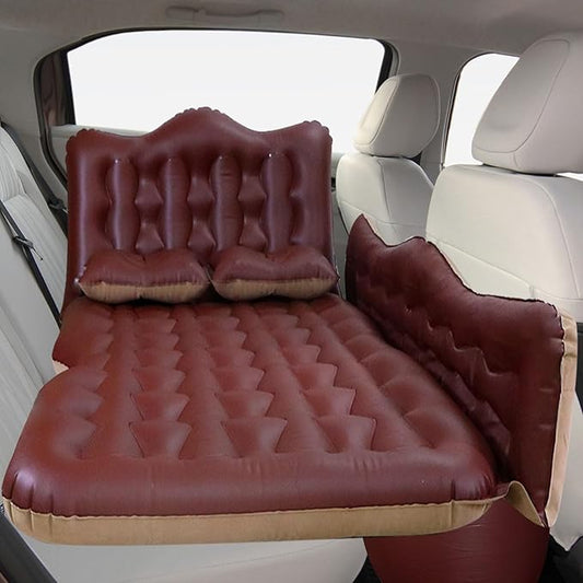 Car Air Mattress for SUV & Camping – Inflatable Backseat Mattress Bed with 2 Pillows Thickened Portable Sleeping Pad for Travel, Home, Trucks, RV – Soft Flocking + PVC Surface (Brown)
