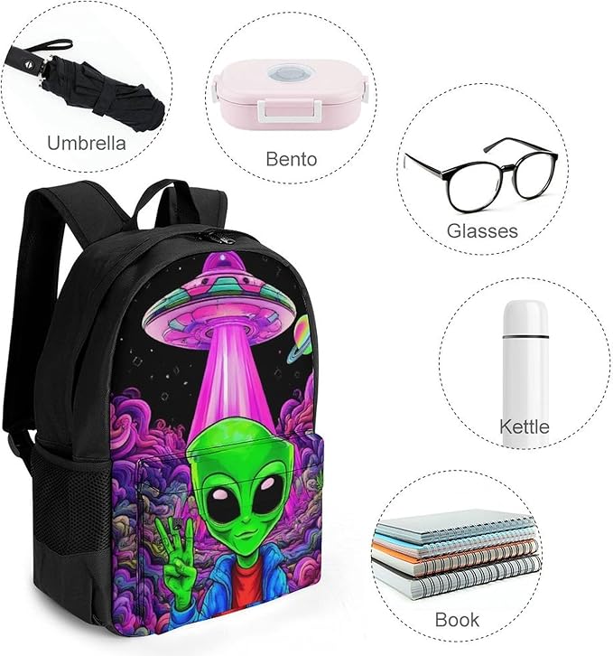 Backpack Polyester Multipurpose Anti-Theft Trippy Space Alien Marijuanaweed Art Shoulder Bag Big Capacity Gym Outdoor Hiking Backpack With Padded Straps