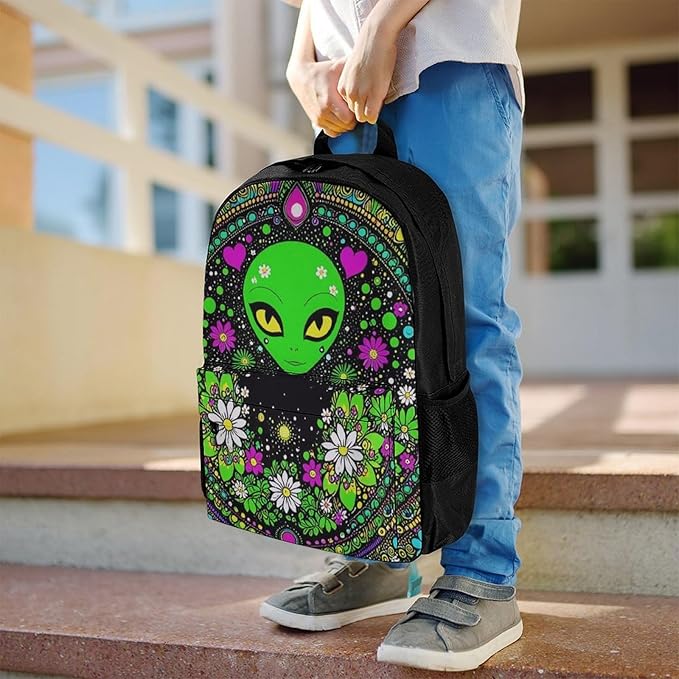 Supdreamc Daypack Polyester Anti-Theft Multipurpose Psychedelic Space Alien Daisy Flowers Art Bookbag Big Capacity Gym Outdoor Hiking Backpack With Adjustable Shoulder Straps