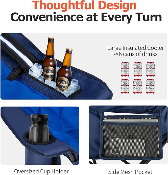 Overmont Oversized XL Camping Chair for Adults - 400lbs Support Heavy-Duty Padded Folding Chair with Side Pocket Cup Holder Cooling Bag for Outdoor Sports Garden Beach Fishing Lawn Blue 2pcs