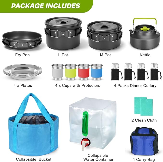 Odoland 29pcs Camping Cookware Mess Kit, Non-Stick Lightweight Pots Pan Kettle, Collapsible Water Container and Bucket, Stainless Steel Cups Plates Forks Knives Spoons for Outdoor Backpacking Picnic