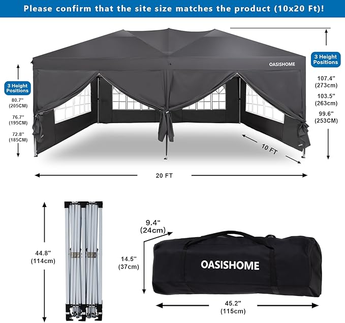 OASISHOME Pop-up Gazebo Canopy Tent 10'x20' with 6 Removable Sidewalls, Windows, Stakes, Ropes, Carry Bag,Suitable for Patio, Outdoor, Wedding Parties&Commercial Events (Grey (NOT Black), 10X20)