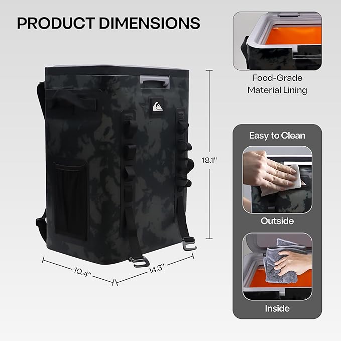 Quiksilver Zipperless Backpack Cooler 30L, Holds 36 Cans, 48 Hour Insulation, Leakproof & Waterproof Design, Heavy Duty TPU, IPX7, Padded Straps, Kangaroo Pockets