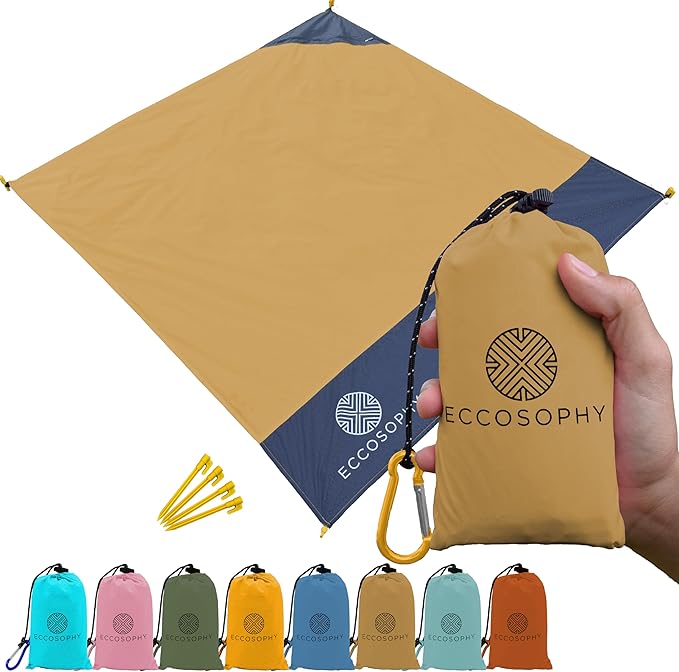 ECCOSOPHY Sand-Proof & Waterproof Picnic Blanket - 60x55, Lightweight, Compact, Ideal for Hiking, Camping, Festivals, Sports, Travel - Includes Bag & Stakes (Caramel)