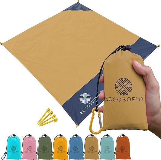ECCOSOPHY Sand-Proof & Waterproof Picnic Blanket - 60x55, Lightweight, Compact, Ideal for Hiking, Camping, Festivals, Sports, Travel - Includes Bag & Stakes (Caramel)