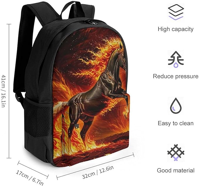 Backpack Multipurpose Anti-Theft Large Capacity Bookbag, Horse Fire Travel Hiking Daypack With Side Pockets