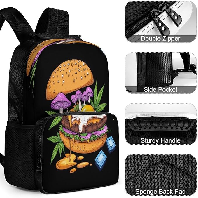 Lightweight Daypack for Camping Business Walking Cycling, Large Capacity Anti-Theft Multipurpose Bookbag, Mushrooms Trippy Hamburger Art Gym Outdoor Hiking Backpack