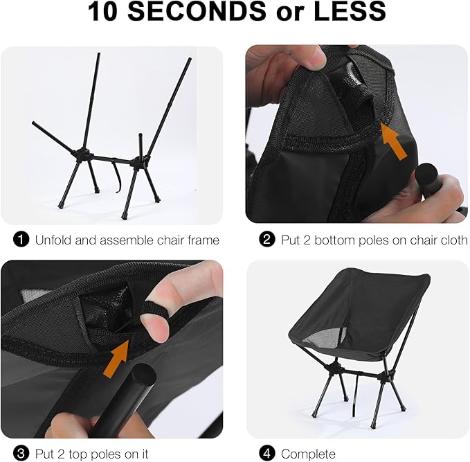 Folding Portable Camping Chair, Lightweight Foldable Outdoor Chair for Sports, Backpacking Beach Chair for Adults, Black