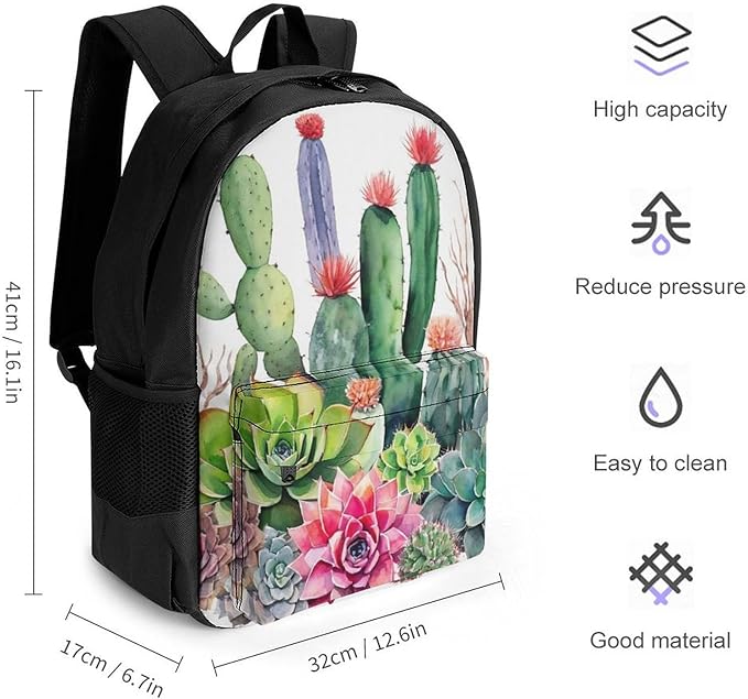 Men Women Lightweight Natural Cactus In Boho Style Flowers Twigs Cactus Backpack Large Capacity Carry On Bag With Padded Straps for Sports Work Walking Cycling