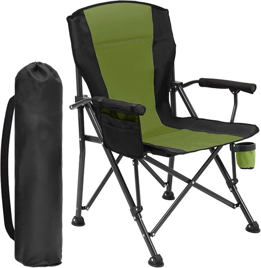 Oversized Folding Camping Chair for Adults, Supports 450 LBS Camping Chairs, Heavy Duty Camping Chair with Side Pockets, Foldable Outdoor Chair for Camping, Beach, Fishing, Hiking, Green-Black