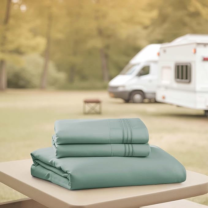 Hearth & Harbor Short Queen Sheets for RV, Light Sage RV Queen Sheets, Silky Soft 1800 Microfiber Bed Sheet for Camper, 4 Piece RV Bedding with Pillowcases