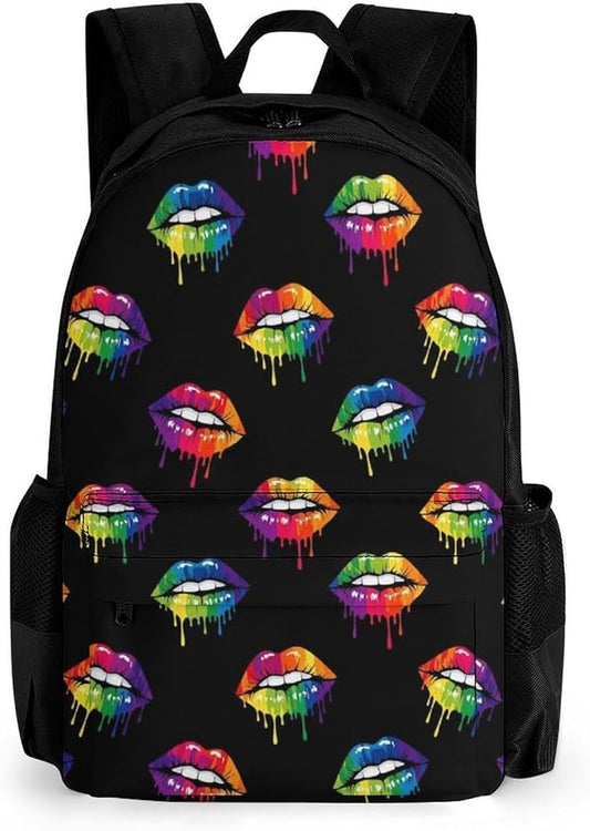 Polyester Daypack Backpack for Climbing Outdoors Running, Big Capacity Multipurpose Anti-Theft Bookbag, Lgbt Gay Homosexual Lesbian Rainbow Lips Pride Travel Hiking Camping Rucksack