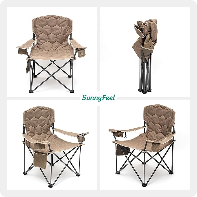 SUNNYFEEL XXL Oversized Camping Chair Heavy Duty 500 LBS for Big Tall People Above 6'4 Padded Portable Folding Sports Lawn Chairs with Armrest Cup Holder & Pocket for Outdoor/Travel/Picnic/Camp