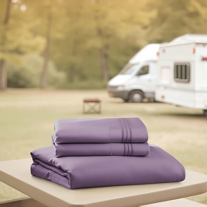 Hearth & Harbor Short Queen Sheets for RV, Purple RV Queen Sheets, Silky Soft 1800 Microfiber Bed Sheet for Camper, 4 Piece RV Bedding with Pillowcases