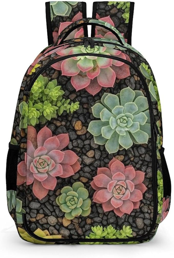 Casual Laptop Backpack Purse Succulent Plants, Cute Travel Bag with Tumbler Holder for Nurse Teacher College Commute