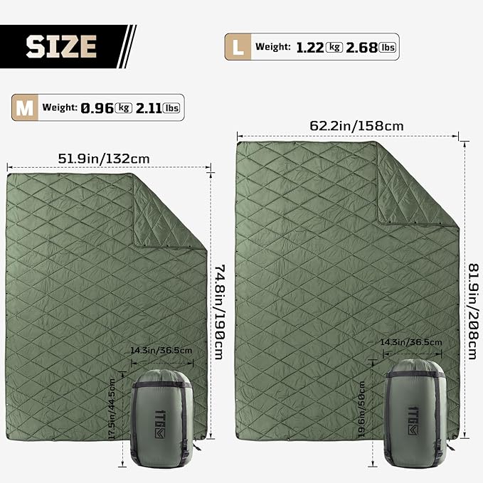 Camping Blanket - Packable, Ultra Warm and Lightweight with Snap Button Backpacking Quilt Water-Resistant, for Sleeping, Outdoors, Travel - Large/Olive Green