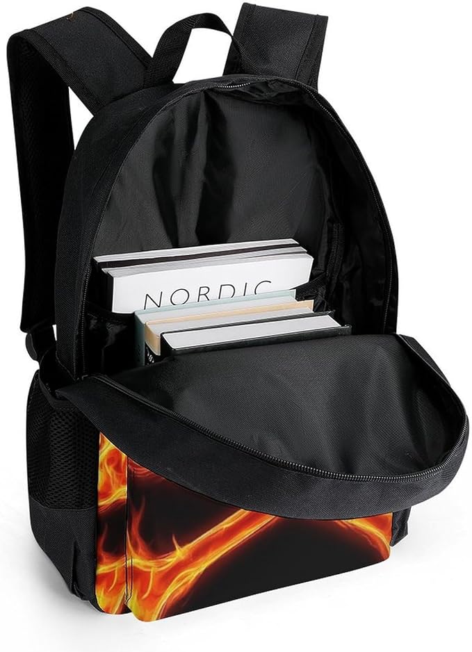 Polyester Daypack for Camping Travel Walking Cycling, Big Capacity Anti-Theft Multipurpose Bookbag, Fire Flaming Skull Crossbones Camping Outdoor Backpack