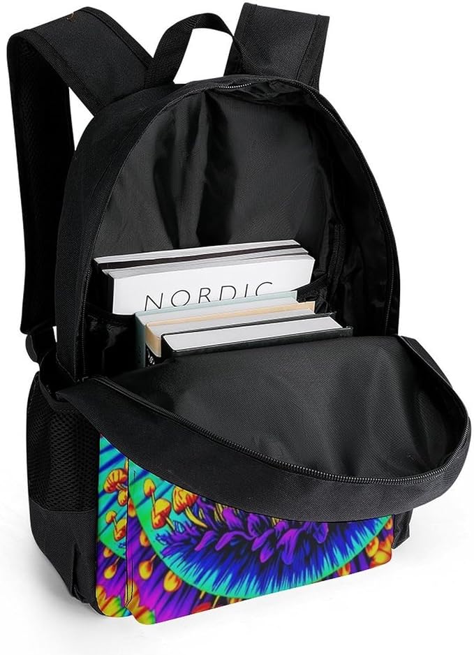Supdreamc Men Women Polyester Psychedelic Mushrooms Tie Dye Art Backpack Large Capacity Bookbag With Smooth Zippers for Climbing Picnic Bicycle