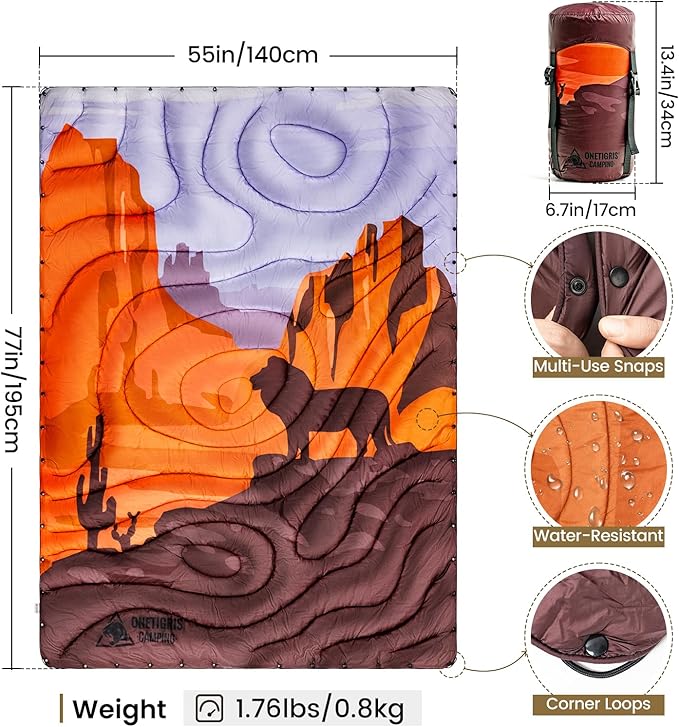 ONETIGRIS Camping Blanket,Wearable Outdoor Quilt with Recycled Thermal Insulation, Convertible to Sleeping Bag, Lightweight & Portable Travel Blanket for Camping &Hiking