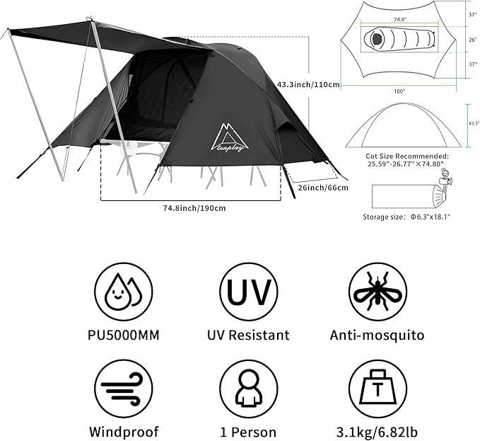 TENPLAY Cot Tent,Camping Tent,Backpacking Tent,3 Way Tent,Solo Tent,1 Person,Quick Setup,70D Nylon,pu5000mm,UV Cut,7001 Aluminium,Ultralight,Compact,Outerdoor,Hiking,Travel,Mountaineering