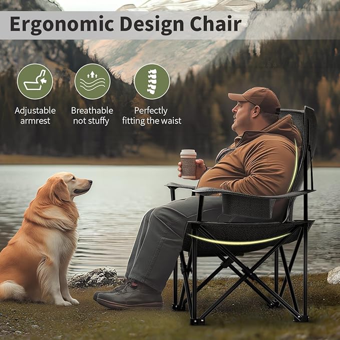 Heavy Duty Folding Chair 500LB Capacity, Oversized Camping Chairs with Cup Holder, Cooler Bag & Storage Pouch, Double-Layer Fabric, Outdoor Chairs for Sports, Lawn Chairs (1, Black Grey, Oversized)
