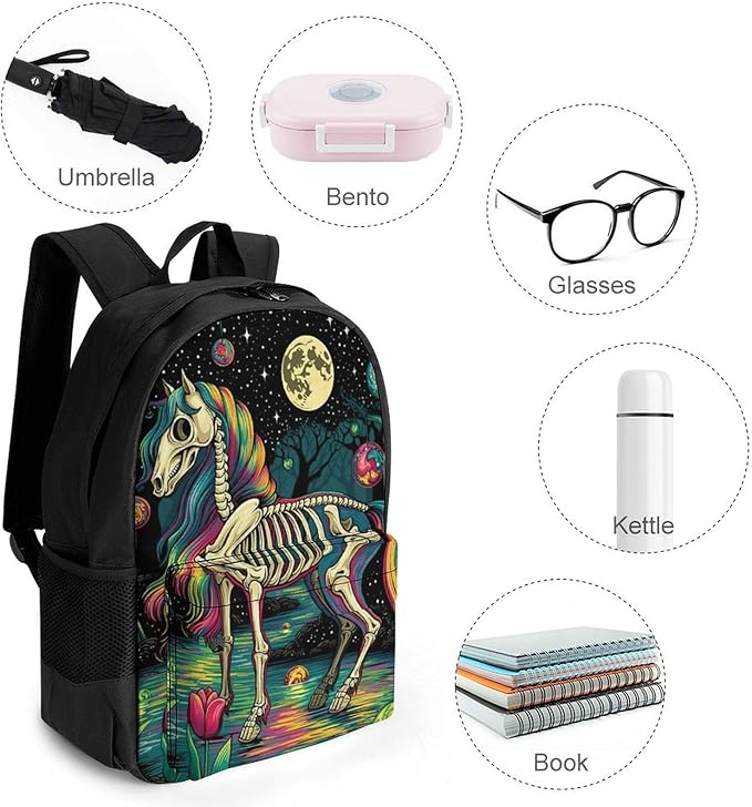 Supdreamc Adults Lightweight Rainbow Mane Horse Skeletal Structure Trippy Art Shoulder Book Bags Big Capacity Shoulder Bag With Adjustable Shoulder Straps for Trekking Work Walking Cycling