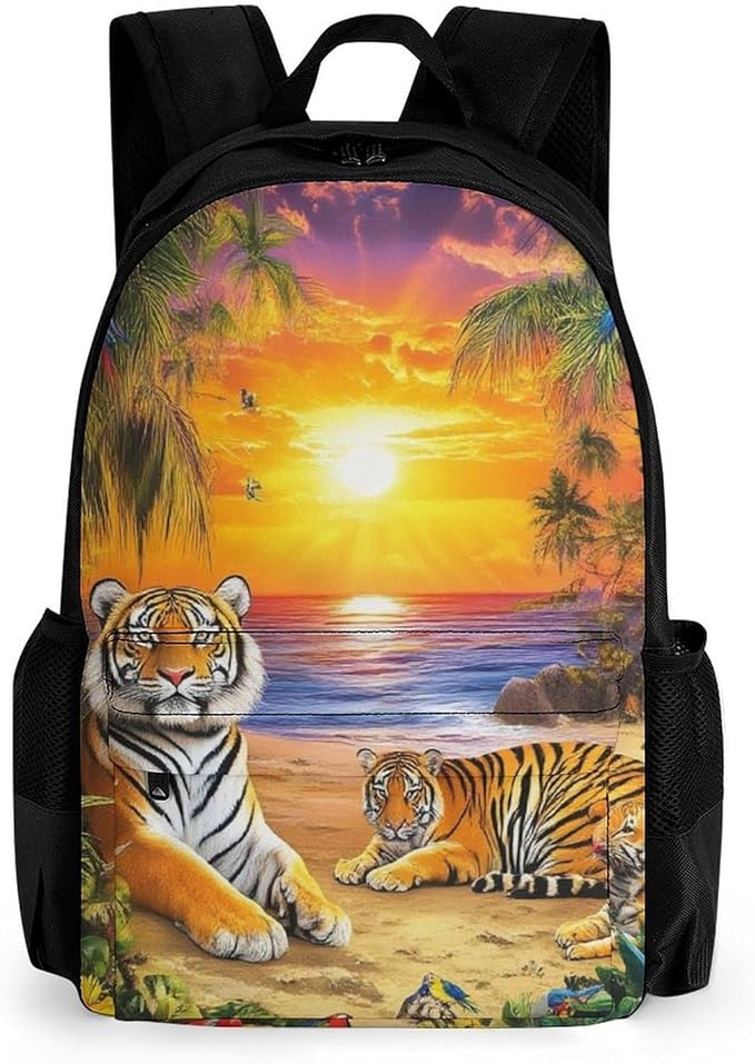 Supdreamc Daypack Anti-Theft Multipurpose Large Capacity Shoulder Bag, Tropical Tiger Animal World King Art Travel Hiking Camping Rucksack With Smooth Zippers