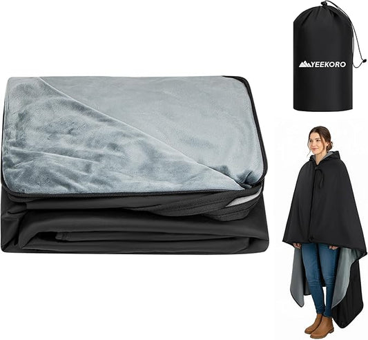 Large Camping Blanket, Hooded Stadium Blanket with Crystal Velvet Lining, Waterproof Windproof Warm Outdoor Blankets for Camping, Picnic, Stadium, Sports, Beach, Concerts (59"x 79")