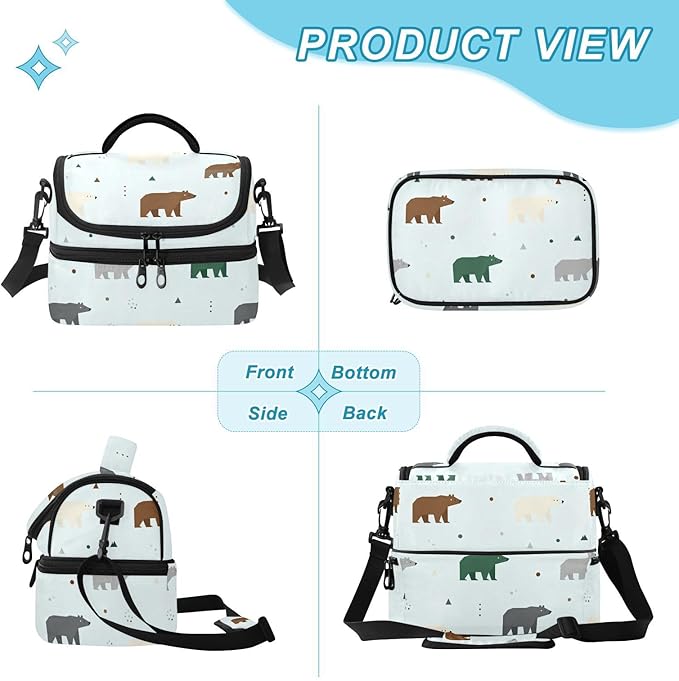 Double-layer Lunch Bag Bears Double Deck Cooler Bags with Strong Support for Beach, Travel, Car