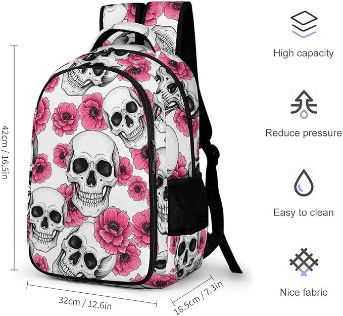 Lightweight Travel Daypack Pink Flowers Sugar Skulls, Cute Laptop Backpack with Tumbler Holder for Women Nurse Teacher Work Hiking
