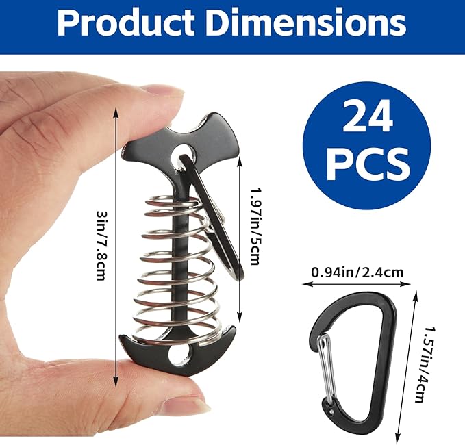 STARVAST 24PCS Deck Anchors Pegs with Carabiners, Rope Tent Tie Down Stakes Clips, Tie Down Anchor Rope Tensioner, Canopy Tent Anchors Outdoor Camping Tent Accessories (Black)