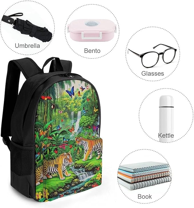 Supdreamc Rucksack Anti-Theft Multipurpose Large Capacity Carry On Bag, King Of The Tiger Tropical Rainforest Landscape Jungle Parrot Birds Travel Hiking Bag Day Pack With Side Pockets